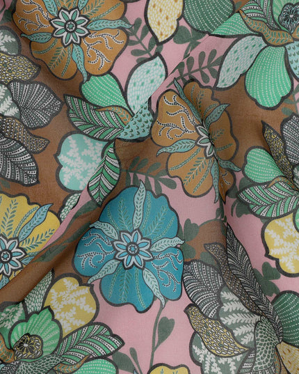 Pink Multicolor Cotton Voile Traditional Sudanese Thobe with Floral Print, 4.5 Mtrs Piece, Width 140 Cms, Made in India-D26460