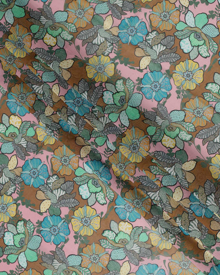 Pink Multicolor Cotton Voile Traditional Sudanese Thobe with Floral Print, 4.5 Mtrs Piece, Width 140 Cms, Made in India-D26460