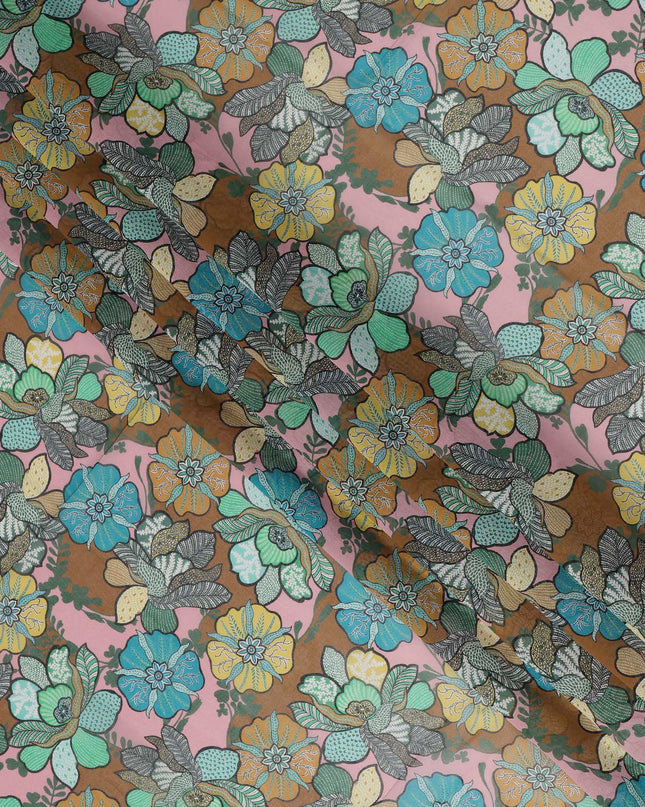 Pink Multicolor Cotton Voile Traditional Sudanese Thobe with Floral Print, 4.5 Mtrs Piece, Width 140 Cms, Made in India-D26460