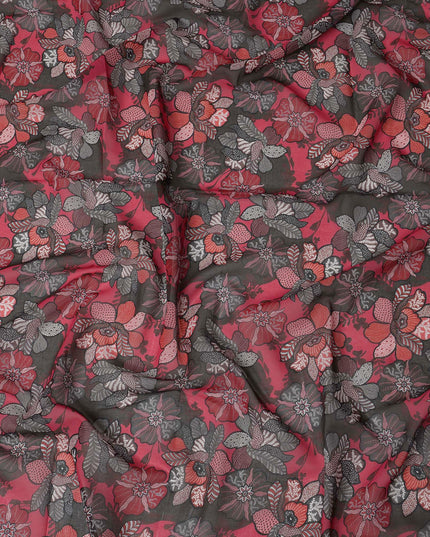 Red Multi-Color Floral Printed Somali Cotton Voile Dirac Fabric, 3.5 Mtrs Piece, 140 cm Width, Made in India-D26661