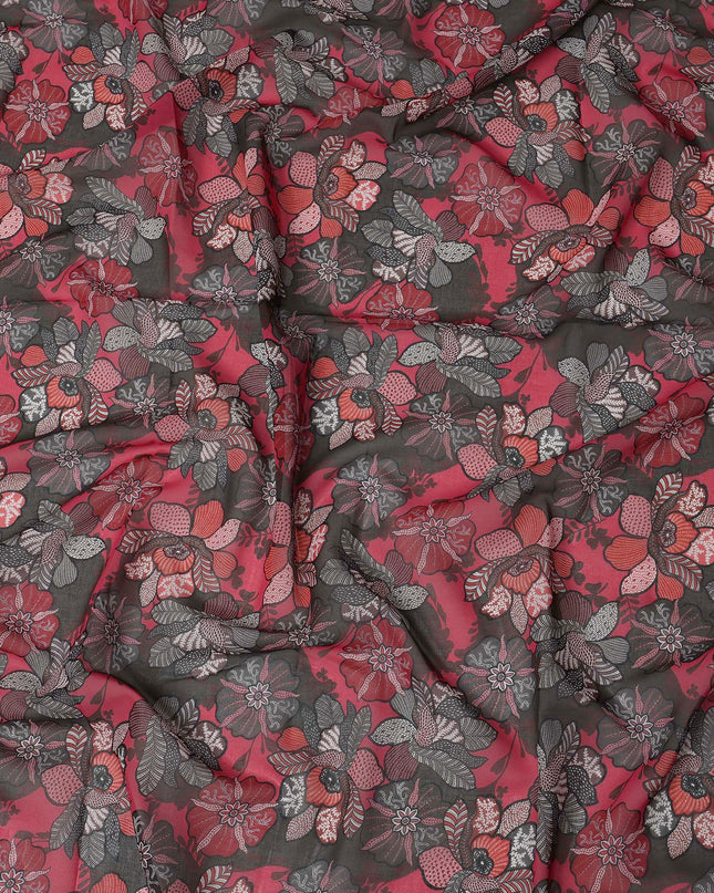 Red Multi-Color Floral Printed Somali Cotton Voile Dirac Fabric, 3.5 Mtrs Piece, 140 cm Width, Made in India-D26661