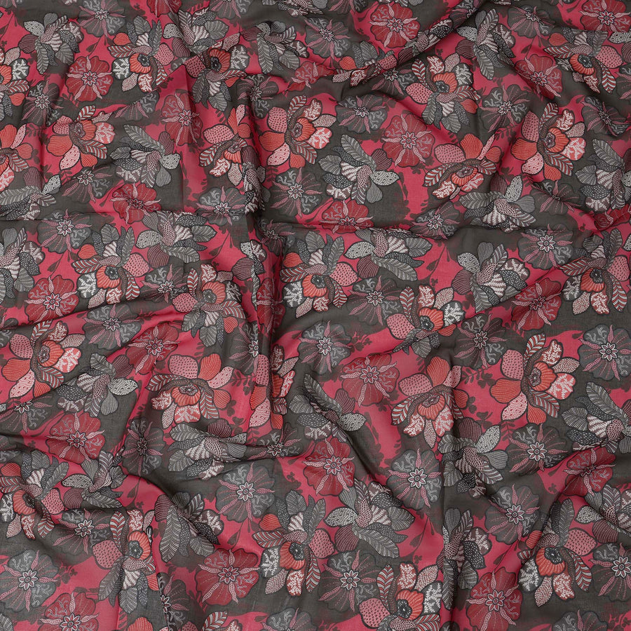 Black & Red Cotton Voile Traditional Sudanese Thobe with Floral Print, 4.5 Mtrs Piece, Width 140 Cms, Made in India-D26458