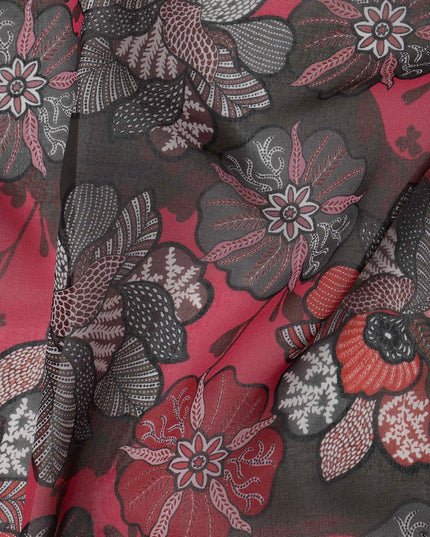Red Multi-Color Floral Printed Somali Cotton Voile Dirac Fabric, 3.5 Mtrs Piece, 140 cm Width, Made in India-D26661