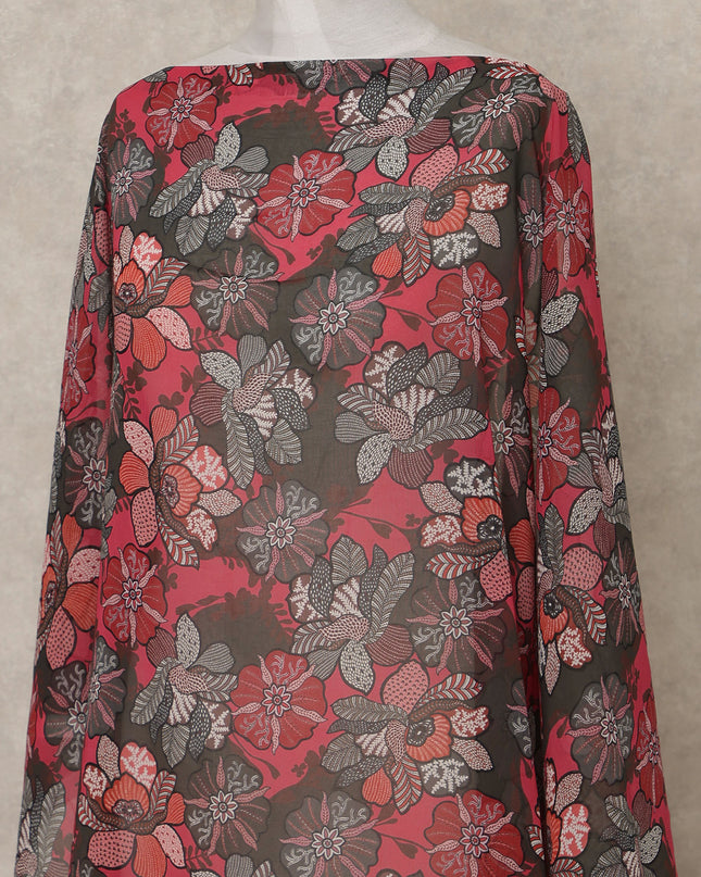 Red Multi-Color Floral Printed Somali Cotton Voile Dirac Fabric, 3.5 Mtrs Piece, 140 cm Width, Made in India-D26661