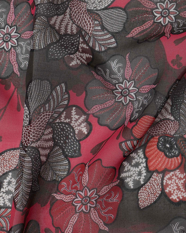 Black & Red Cotton Voile Traditional Sudanese Thobe with Floral Print, 4.5 Mtrs Piece, Width 140 Cms, Made in India-D26458