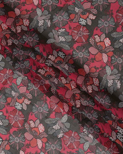 Black & Red Cotton Voile Traditional Sudanese Thobe with Floral Print, 4.5 Mtrs Piece, Width 140 Cms, Made in India-D26458