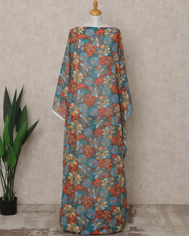 Teal Multi-Color Floral Printed Somali Cotton Voile Dirac Fabric, 3.5 Mtrs Piece, 140 cm Width, Made in India-D26660