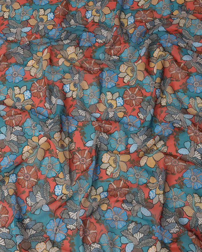Teal Multi-Color Floral Printed Somali Cotton Voile Dirac Fabric, 3.5 Mtrs Piece, 140 cm Width, Made in India-D26660