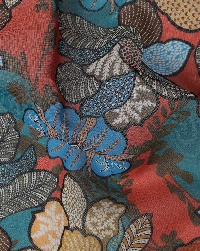 Teal Multi-Color Floral Printed Somali Cotton Voile Dirac Fabric, 3.5 Mtrs Piece, 140 cm Width, Made in India-D26660