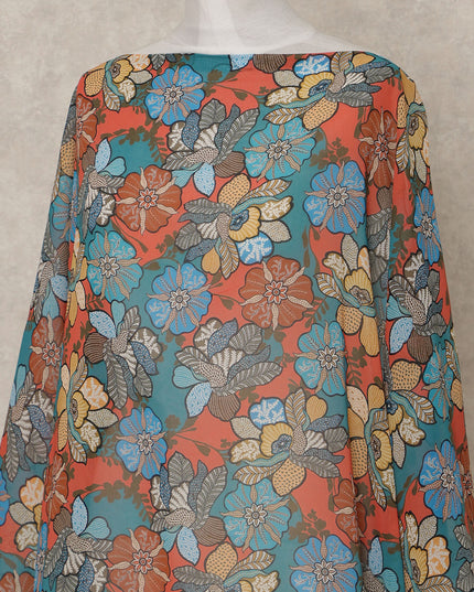 Teal Multi-Color Floral Printed Somali Cotton Voile Dirac Fabric, 3.5 Mtrs Piece, 140 cm Width, Made in India-D26660