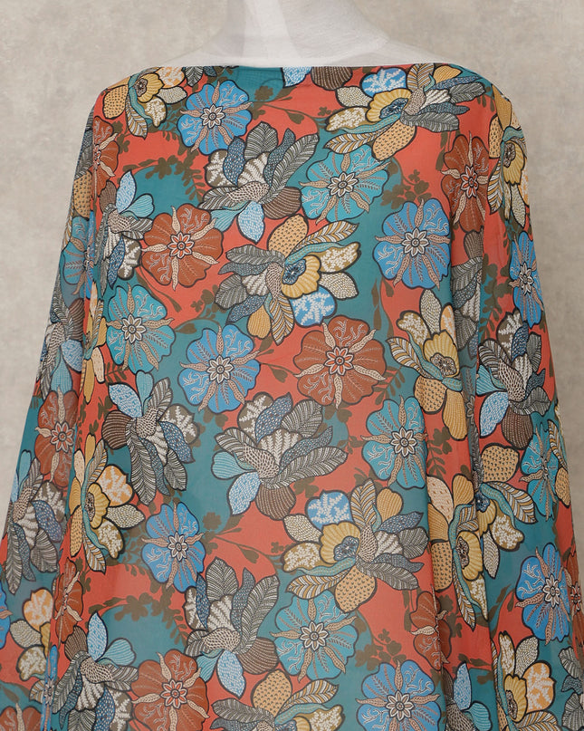 Teal Multi-Color Floral Printed Somali Cotton Voile Dirac Fabric, 3.5 Mtrs Piece, 140 cm Width, Made in India-D26660