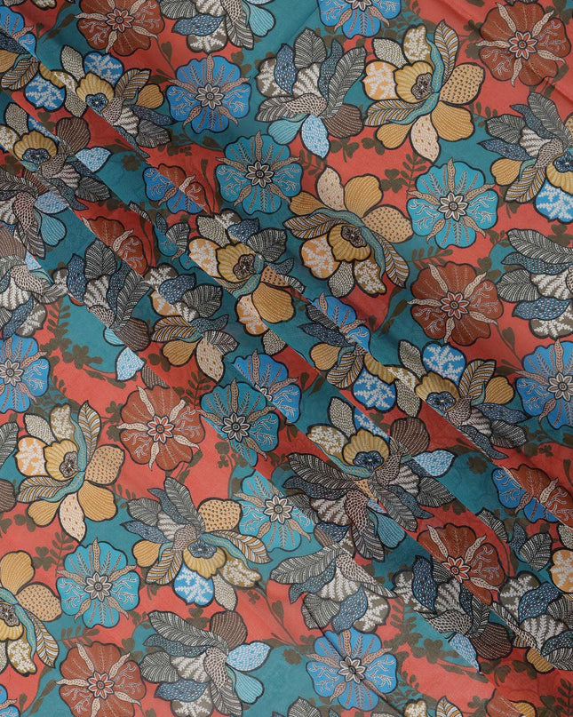 Teal Multi-Color Floral Printed Somali Cotton Voile Dirac Fabric, 3.5 Mtrs Piece, 140 cm Width, Made in India-D26660