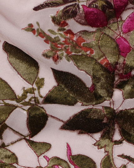 Blush Pink Multicolor Floral Pattern Synthetic Velvet Chiffon Fabric 110 Cms Width South Korea-D25012