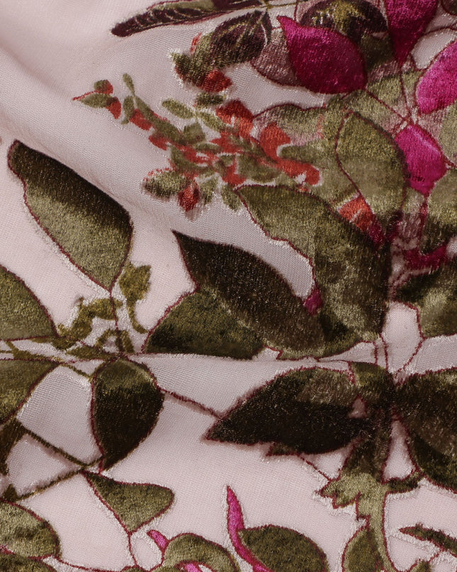 Blush Pink Multicolor Floral Pattern Synthetic Velvet Chiffon Fabric 110 Cms Width South Korea-D25012
