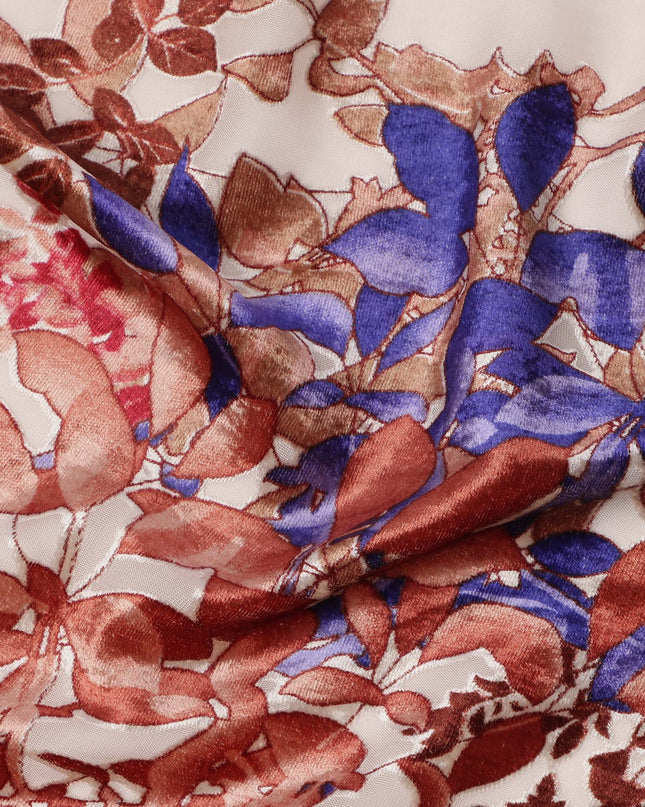 Cream Multicolor Floral Pattern Synthetic Velvet Chiffon Fabric 110 Cms Width South Korea-D25011