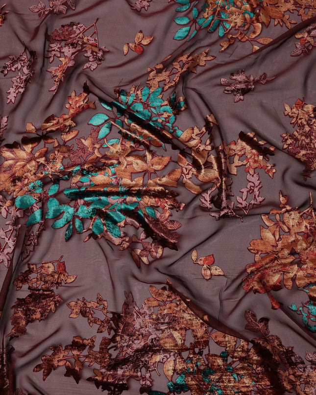قماش شيفون مخملي صناعي بنقشة زهور متعددة الألوان باللون البني، عرض 110 سم، كوريا الجنوبية - D25010