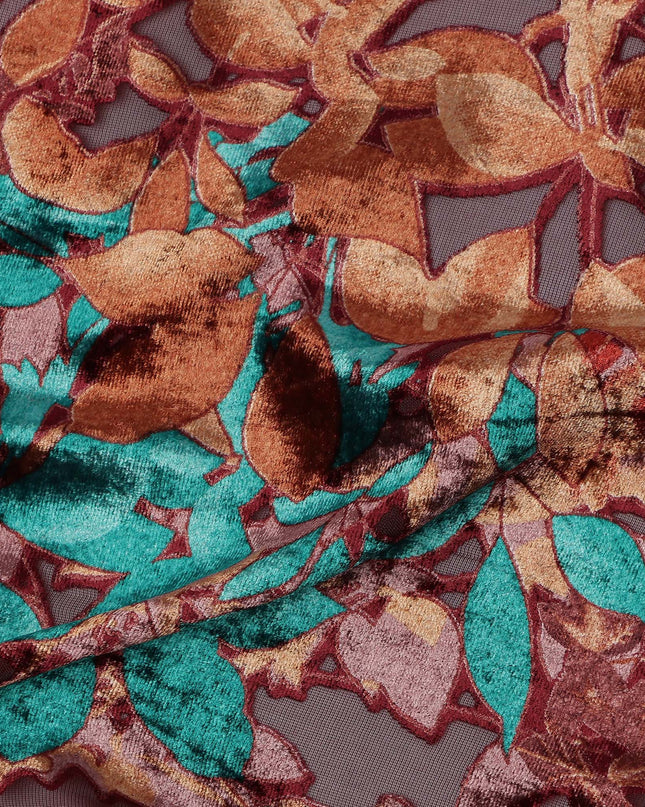 قماش شيفون مخملي صناعي بنقشة زهور متعددة الألوان باللون البني، عرض 110 سم، كوريا الجنوبية - D25010
