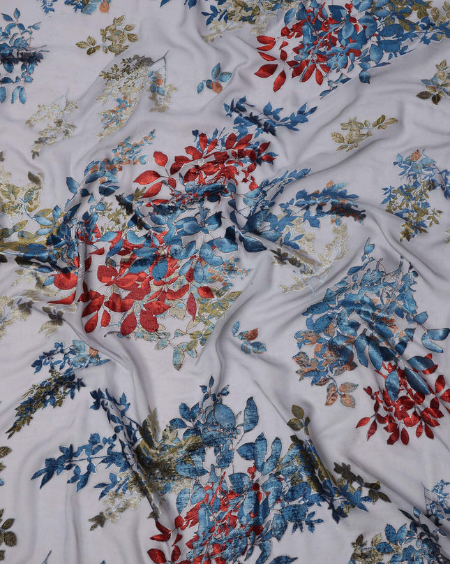 White Multicolor Floral Pattern Synthetic Chiffon Velvet Fabric 110 Cms Width South Korea-D25009