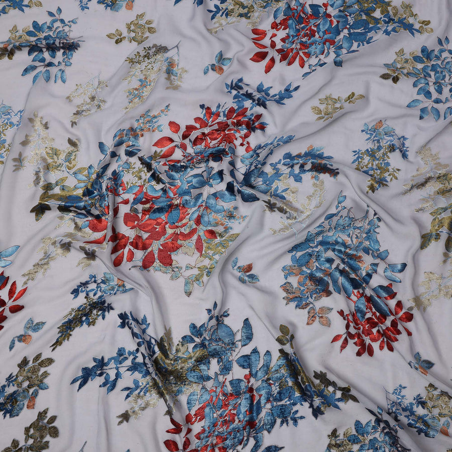 White Multicolor Floral Pattern Synthetic Chiffon Velvet Fabric 110 Cms Width South Korea-D25009