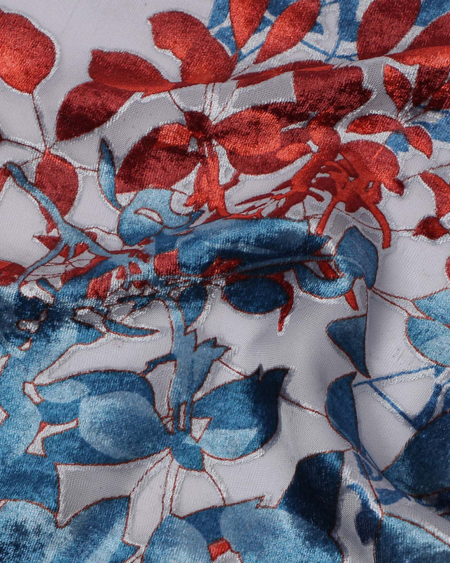 White Multicolor Floral Pattern Synthetic Chiffon Velvet Fabric 110 Cms Width South Korea-D25009