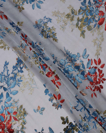 White Multicolor Floral Pattern Synthetic Chiffon Velvet Fabric 110 Cms Width South Korea-D25009