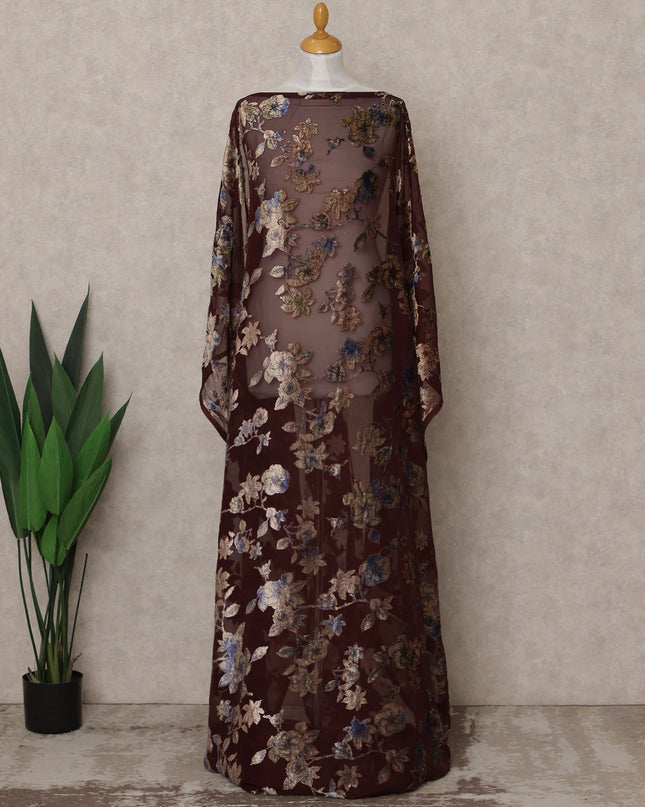 Wine Maroon Traditional Somali Silk Chiffon Velvet Makmal Dirac Fabric with Multicolor Floral Design, 3.5 Mtrs Piece, Width 140 Cms, Made in South Korea-D26530 Regal Fabrics