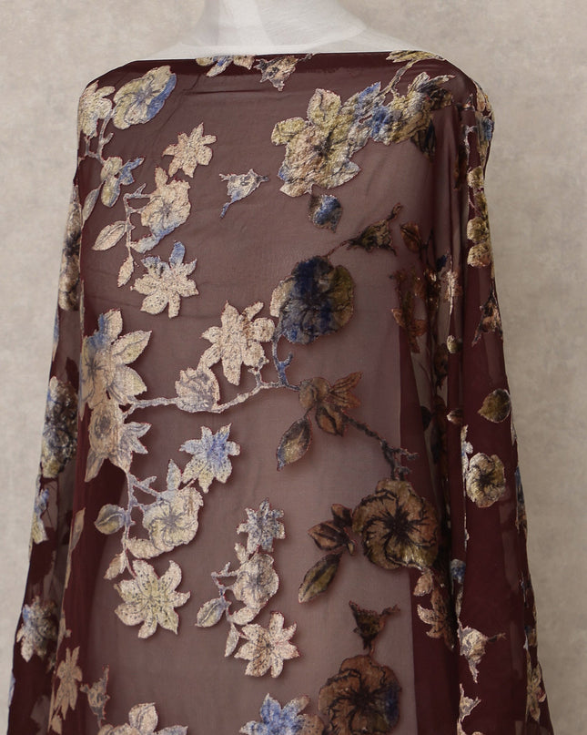 Wine Maroon Traditional Somali Silk Chiffon Velvet Makmal Dirac Fabric with Multicolor Floral Design, 3.5 Mtrs Piece, Width 140 Cms, Made in South Korea-D26530 Regal Fabrics