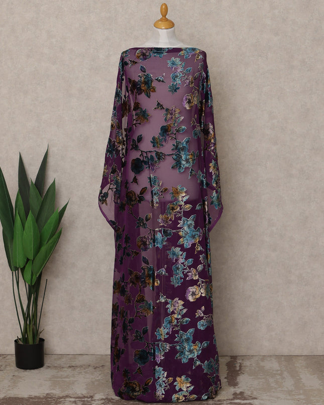 Deep Plum Traditional Somali Silk Chiffon Velvet Makmal Dirac Fabric with Multicolor Floral Design, 3.5 Mtrs Piece, Width 140 Cms, Made in South Korea-D26532 Regal Fabrics