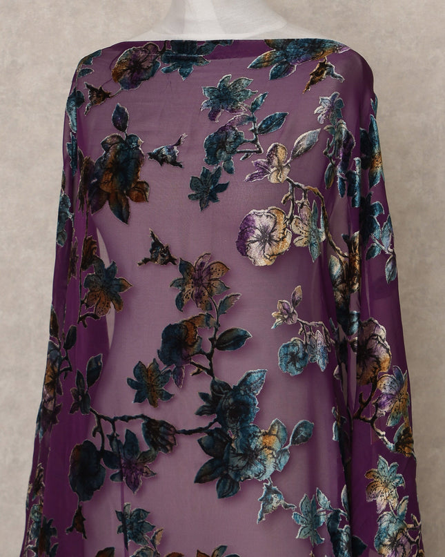 Deep Plum Traditional Somali Silk Chiffon Velvet Makmal Dirac Fabric with Multicolor Floral Design, 3.5 Mtrs Piece, Width 140 Cms, Made in South Korea-D26532 Regal Fabrics