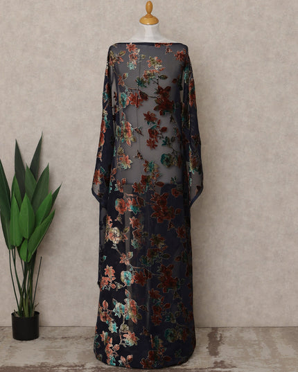 Midnight Navy Traditional Somali Silk Chiffon Velvet Makmal Dirac Fabric, Floral Design, 3.5 Mtrs Piece, Width 140 Cms, Made in South Korea-D26531