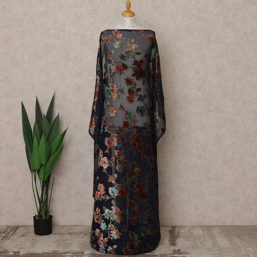 Midnight Navy Traditional Somali Silk Chiffon Velvet Makmal Dirac Fabric, Floral Design, 3.5 Mtrs Piece, Width 140 Cms, Made in South Korea-D26531