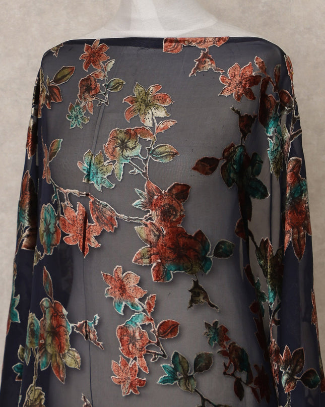 Midnight Navy Traditional Somali Silk Chiffon Velvet Makmal Dirac Fabric, Floral Design, 3.5 Mtrs Piece, Width 140 Cms, Made in South Korea-D26531