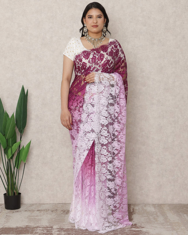 Lilac to Plum Ombre Premium French Chantilly Lace Saree, 5.5 Mtrs Length, 110 Cms Width, Made in France-D24425