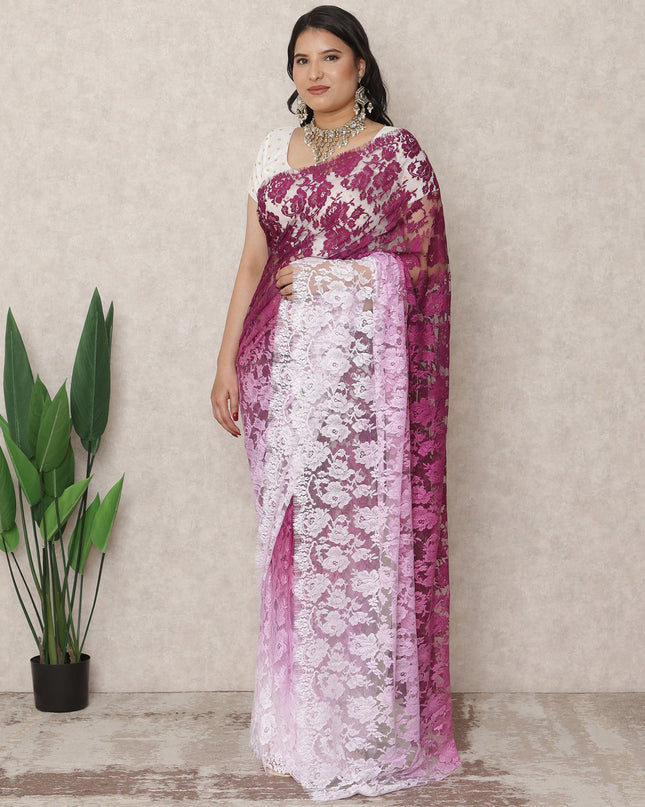 Lilac to Plum Ombre Premium French Chantilly Lace Saree, 5.5 Mtrs Length, 110 Cms Width, Made in France-D24425