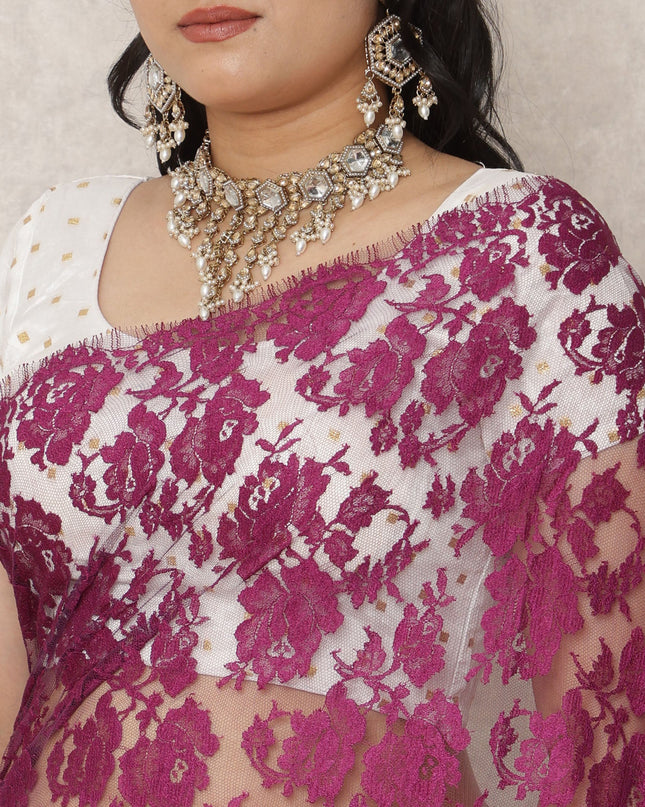 Lilac to Plum Ombre Premium French Chantilly Lace Saree, 5.5 Mtrs Length, 110 Cms Width, Made in France-D24425