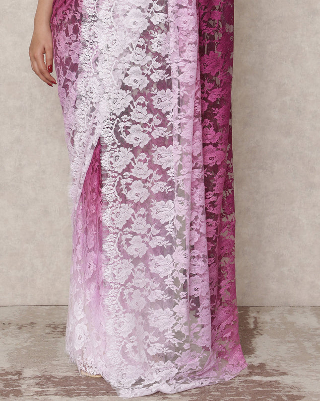 Lilac to Plum Ombre Premium French Chantilly Lace Saree, 5.5 Mtrs Length, 110 Cms Width, Made in France-D24425