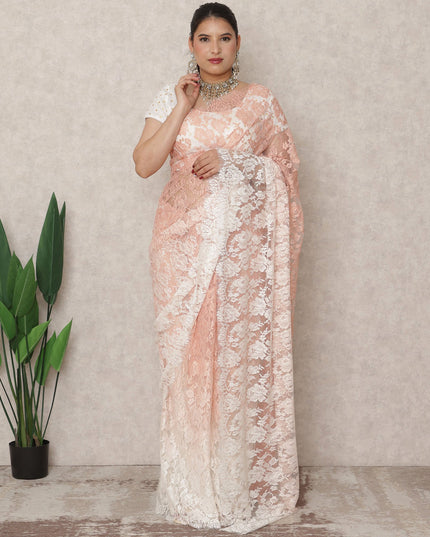 Ivory to Peach Ombre Premium French Chantilly Lace Saree, 5.5 Mtrs Length, 110 Cms Width, Made in France-D24427