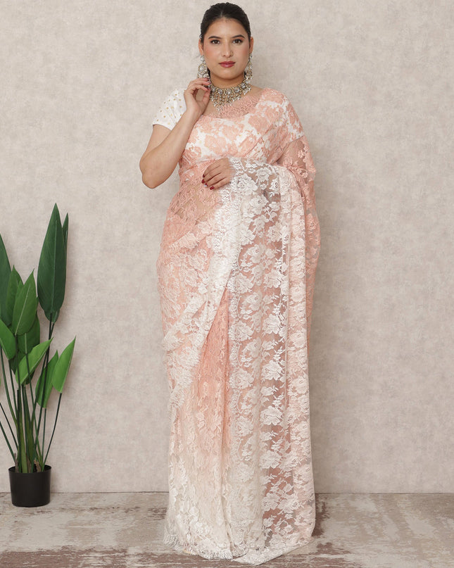 Ivory to Peach Ombre Premium French Chantilly Lace Saree, 5.5 Mtrs Length, 110 Cms Width, Made in France-D24427