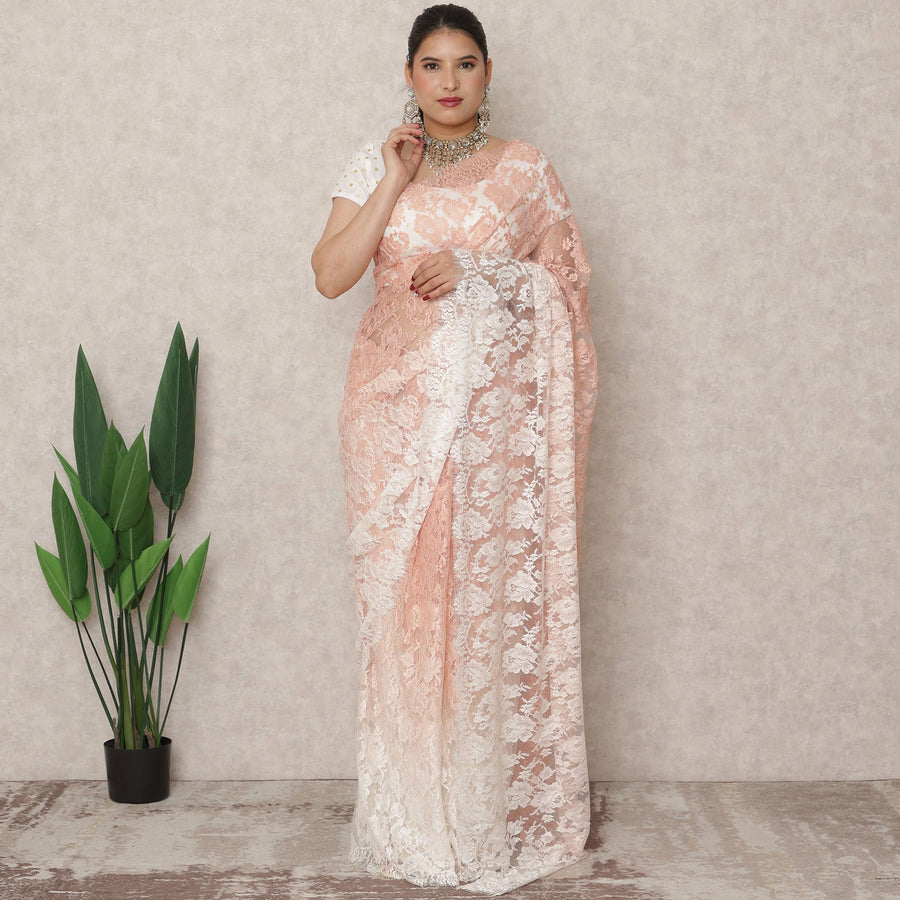 Ivory to Peach Ombre Premium French Chantilly Lace Saree, 5.5 Mtrs Length, 110 Cms Width, Made in France-D24427