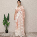 Ivory to Peach Ombre Premium French Chantilly Lace Saree, 5.5 Mtrs Length, 110 Cms Width, Made in France-D24427