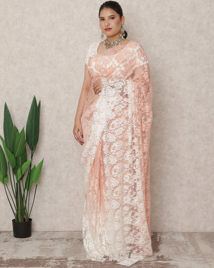 Ivory to Peach Ombre Premium French Chantilly Lace Saree, 5.5 Mtrs Length, 110 Cms Width, Made in France-D24427