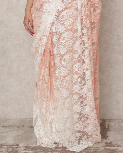 Ivory to Peach Ombre Premium French Chantilly Lace Saree, 5.5 Mtrs Length, 110 Cms Width, Made in France-D24427