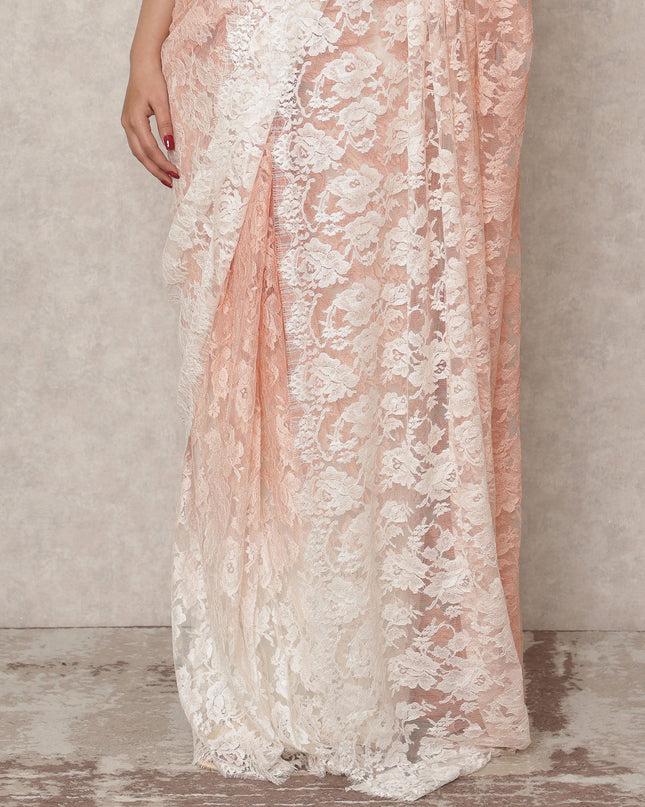 Ivory to Peach Ombre Premium French Chantilly Lace Saree, 5.5 Mtrs Length, 110 Cms Width, Made in France-D24427