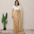 Ivory to Golden Beige Ombre Premium French Chantilly Lace Saree, 5.5 Mtrs Length, 110 Cms Width, Made in France-D24426