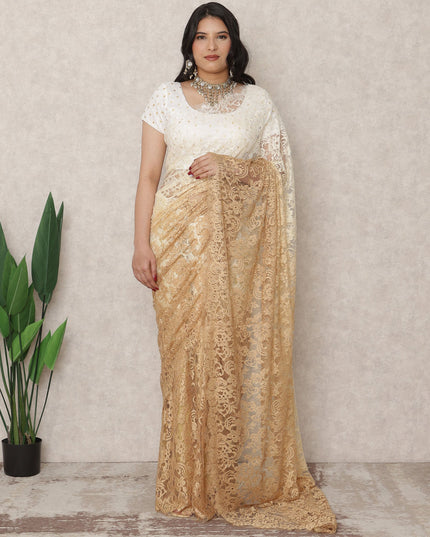 Ivory to Golden Beige Ombre Premium French Chantilly Lace Saree, 5.5 Mtrs Length, 110 Cms Width, Made in France-D24426