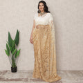 Ivory to Golden Beige Ombre Premium French Chantilly Lace Saree, 5.5 Mtrs Length, 110 Cms Width, Made in France-D24426