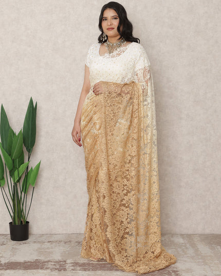 Ivory to Golden Beige Ombre Premium French Chantilly Lace Saree, 5.5 Mtrs Length, 110 Cms Width, Made in France-D24426