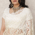 Ivory to Golden Beige Ombre Premium French Chantilly Lace Saree, 5.5 Mtrs Length, 110 Cms Width, Made in France-D24426
