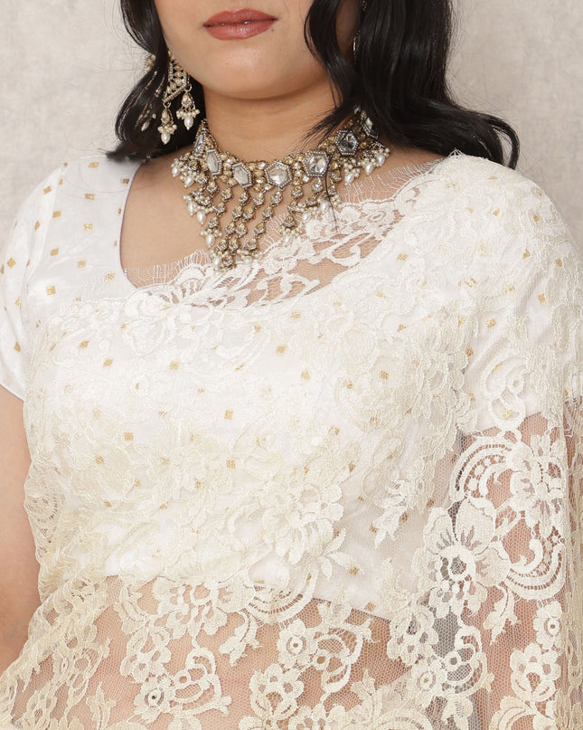 Ivory to Golden Beige Ombre Premium French Chantilly Lace Saree, 5.5 Mtrs Length, 110 Cms Width, Made in France-D24426