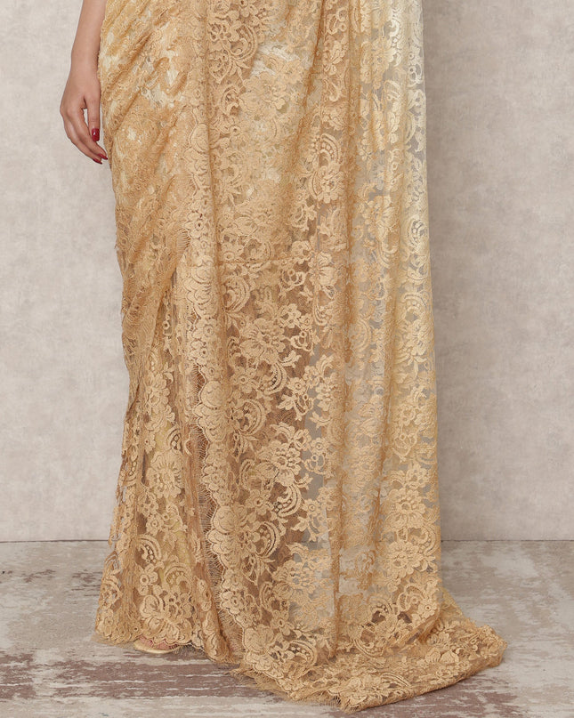 Ivory to Golden Beige Ombre Premium French Chantilly Lace Saree, 5.5 Mtrs Length, 110 Cms Width, Made in France-D24426